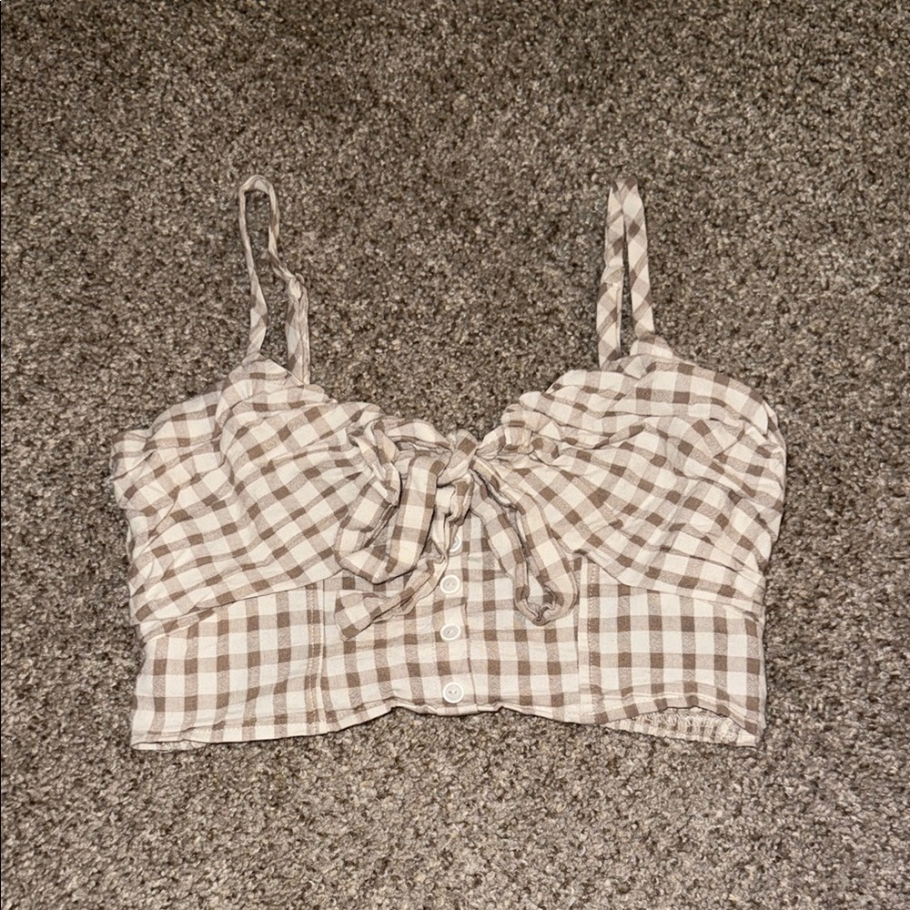 Lush Tan & White Tie Front Crop Top